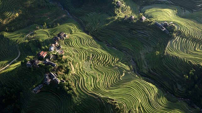 terraced rice fields appearing as fragmented wave segments connecting rural homes across terrain + irregular hillside with broken wave-like cultivation shapes + soft diffused lighting reducing contras