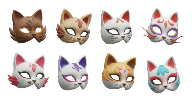 collection of stylized kitsune masks various designs displayed on white background costume and cultural representation