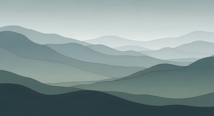 Fototapeta premium Layered mountain ranges in varying shades of green and gray create a minimalist landscape high-quality