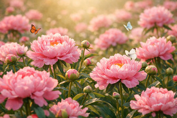 Fototapeta premium Vibrant pink peony flowers in full bloom with butterflies in sunlit garden, showcasing spring beauty, nature harmony, and romantic floral landscape with soft light and dreamy atmosphere