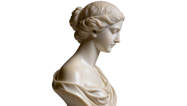 Classical marble bust of a woman with elegant hairstyle, isolated on transparent background
