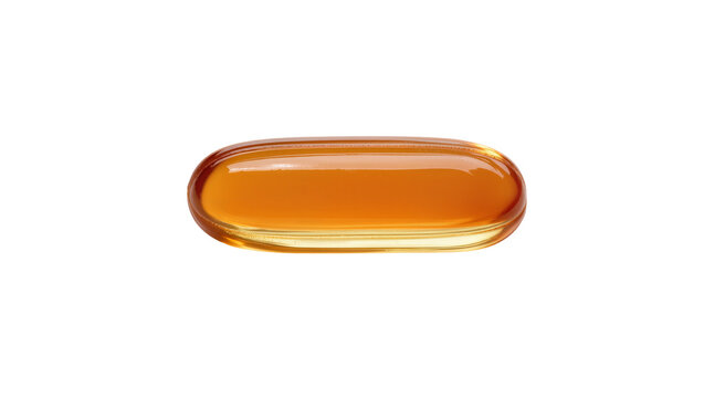 Amber oval softgel capsule filled with golden liquid, isolated on transparent background