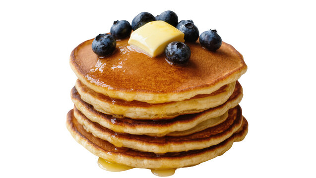 Stack of golden brown pancakes with blueberries and butter, isolated on transparent background