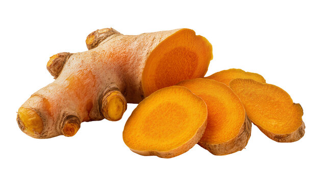 Whole and sliced vibrant orange turmeric root, isolated on transparent background