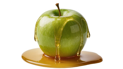 Glossy green apple with dripping golden honey, isolated on transparent background © Irina