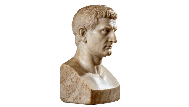 Marble bust of a Roman emperor with short curly hair, isolated on transparent background
