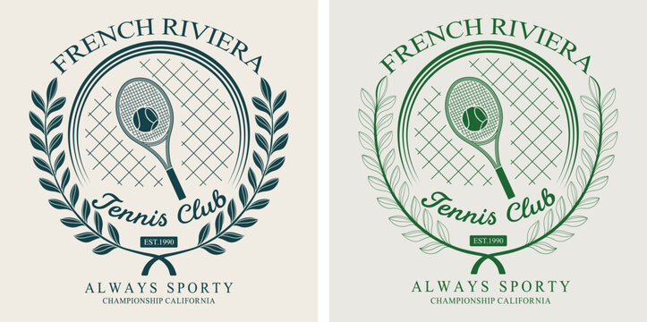 Vintage French Riviera Tennis Club Athletic Illustration - Retro Est. 1998 Always Sporty Championship Graphic with Laurel Wreath and Tennis Racket - Classic Mediterranean Coastal Varsity Style Apparel
