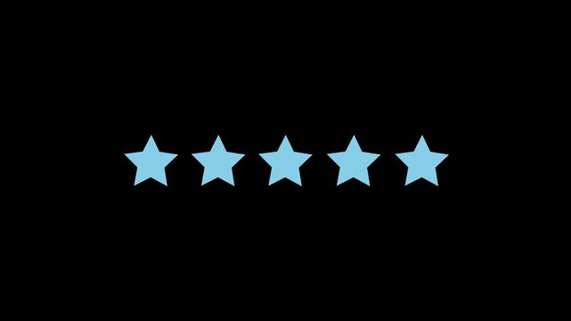 Customer review Feedback, Glowing Cyan Review Symbols with Reflection on Black Background, 5 Stars Ranking Animation, Five Stars Rating Concept, 5 star rating concept animation, star review concept,4k