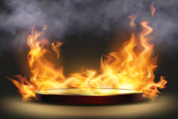 Fototapeta premium Fiery round podium showcasing product or award on dark background with smoke