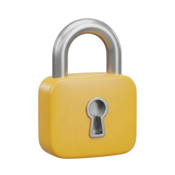 A yellow padlock with a silver shackle and keyhole isolated on transparent background