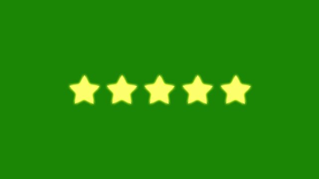 Five star review, Golden Glowing Stars Rating Animation, 5 Star Review Feedback Concept with Reflection on green Background, Premium Quality Service Ranking Motion Graphics for E-commerce and etc, 4k