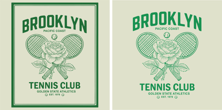 Vintage Brooklyn Pacific Coast Tennis Club Illustration - Retro Golden State Athletics Est. 1978 Graphic with Crossed Rackets and Rose - Classic Collegiate Varsity Style Apparel T-Shirt Design Art