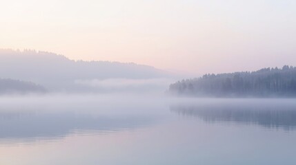 Fototapeta premium Foggy lake with trees on the shore at sunrise or sunset