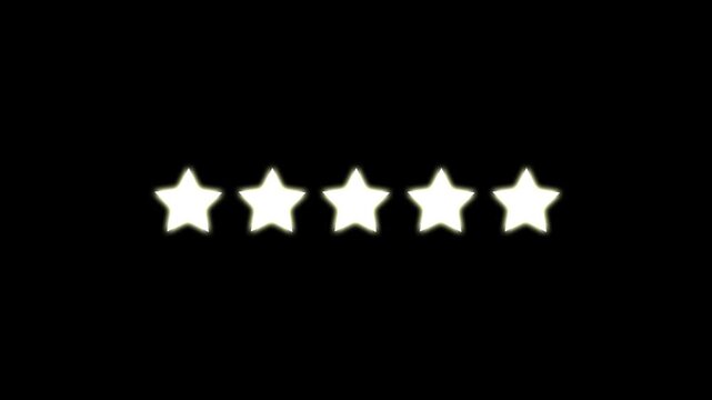 Five stars rating animation and white star glowing effect and reflection on black background, 5 star review feedback concept for business excellence and customer satisfaction, star icon, star review