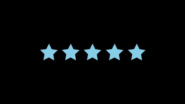 Five stars rating animation with blue glowing effect and reflection on black background, 5 star review feedback concept for business excellence and customer satisfaction, star icon, five star review