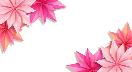 Fototapeta premium Pink origami flowers in corner accents against bright white background for celebration.