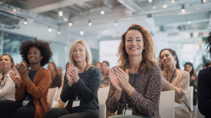 Obraz premium Female diversity. Human rights, equal opportunity concept. A candid photograph of a group of women seated in a modern conference room, clapping and smiling. The focus is on a woman with curly hair.