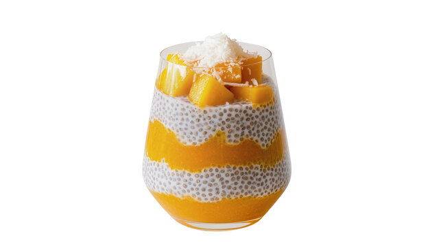 Layered mango chia seed pudding with fresh mango cubes and coconut flakes, isolated on transparent background