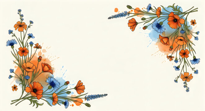 Watercolor floral corner frames with poppies and cornflowers on off white background.