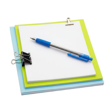 A blue pen on top of a stack of colorful notepads isolated on transparent background