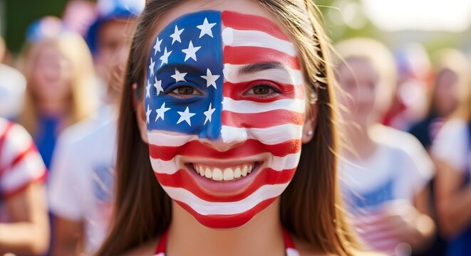 Patriotic celebration woman with usa flag face paint for independence day