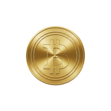 A shiny gold bitcoin coin with a b logo isolated on transparent background