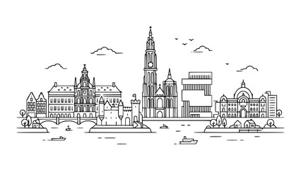 Fototapeta premium Antwerp Belgium Skyline Line Art European Port City Illustration