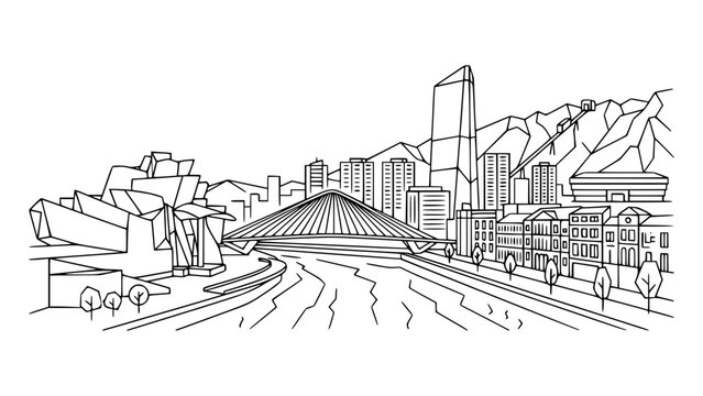 Bilbao Spain Modern Skyline Line Art Basque City Architecture Illustration