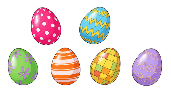 Set of Six Colorful Decorative Easter Eggs with Various Patterns