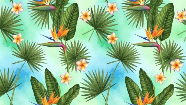 tropical leaves and flowers on colorful background