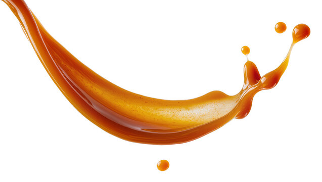Golden caramel sauce splash with droplets, isolated on transparent background