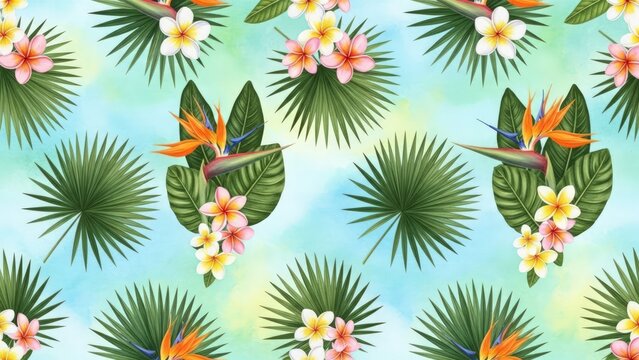 Tropical floral pattern with palm leaves and exotic flowers