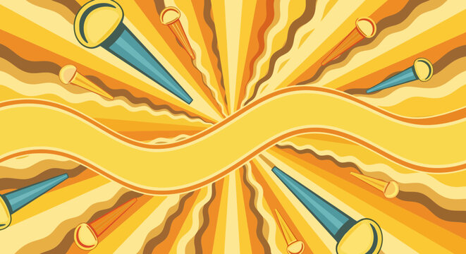 Retro 70s Psychedelic Sunburst Background with Wavy Banner and Abstract Floating Elements