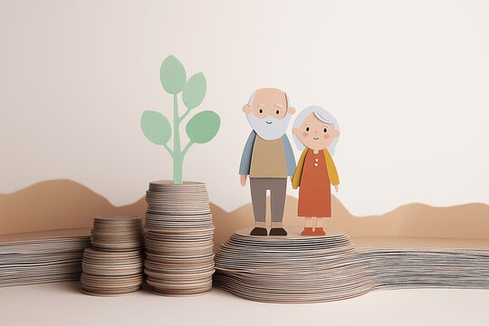 man and old man model set step on money coins saving for concept investment mutual fund finance and pension retirement on paper cut style