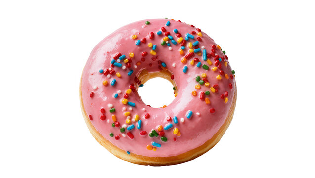 Pink frosted donut with colorful sprinkles, isolated on transparent background