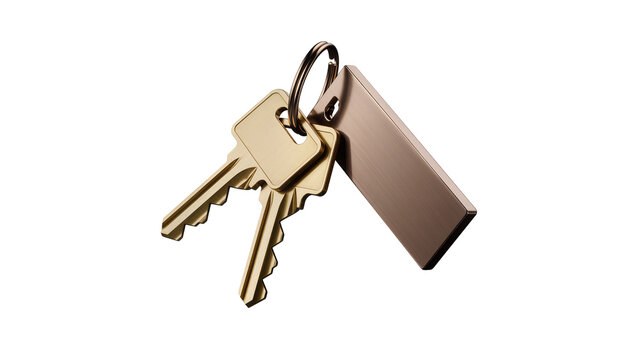 Two brass keys and a metallic rectangular tag on a ring, isolated on transparent background