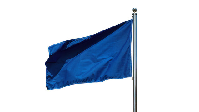 Plain blue flag waving on a metal flagpole, isolated on transparent background
