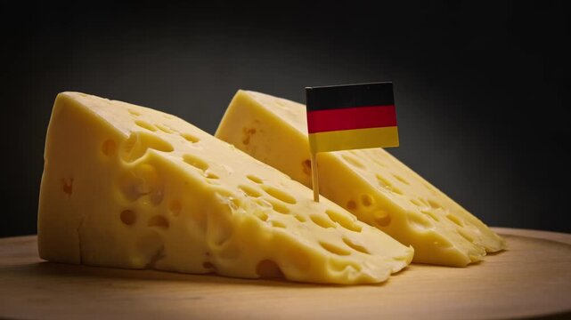 Twirling aromatic cheese wedge sliced, crisp rind from local farms, holes on wooden board and Germany flag, symbolizing Munich traditions with local produce from Berlin markets.