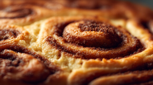 Detailed view of a baked cinnamon roll with a rich spiral pattern.