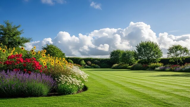 Vibrant garden landscape with colorful flowers and lush green lawn under blue sky