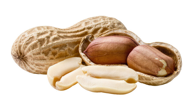 Whole peanut shell with exposed kernels and shelled halves, isolated on transparent background