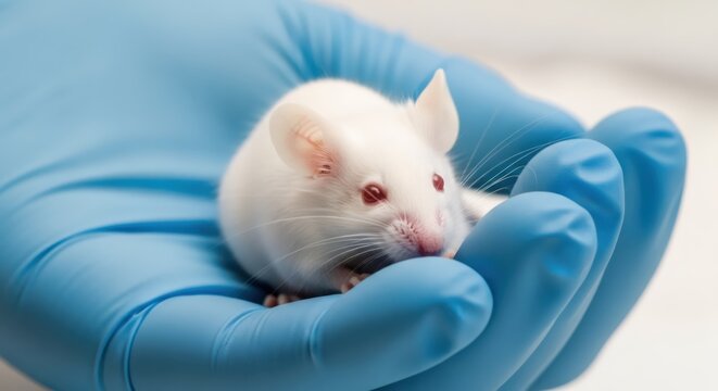 Scientist holding white laboratory mouse in blue nitrile glove. Animal research study in biological science. Medical experimentation, toxicology test and medicine development foundation.