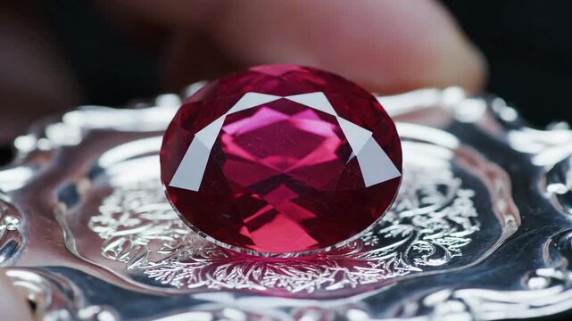 A ruby gemstone resting on a decorative silver dish