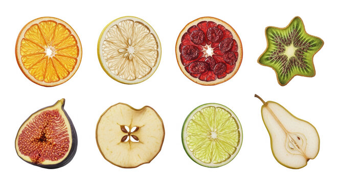 various sliced fruits against white background culinary and health related uses food concept