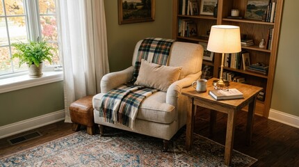 Fototapeta premium An intimate living room scene captured from a slightly elevated angle, highlighting an armchair, lamp, table with book, plaid, rug
