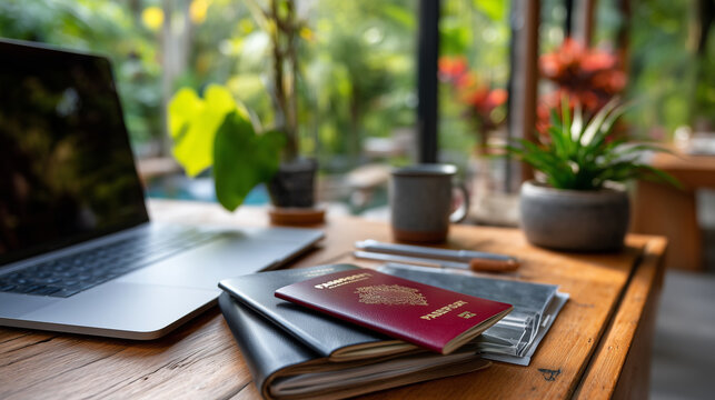 Digital nomad organizing visa extension documents at coworking space in Bali, tropical garden visible through windows, multiple passports and permits arranged methodically, ideal f