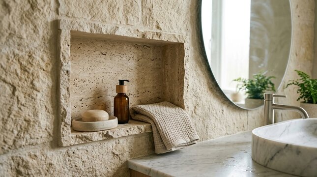 Close-up bathroom scene featuring a recessed niche shelf in textured beige stone with a sink edge and mirror reflection nearby,