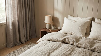 Fototapeta premium Close-up vignette of a linen bed against beige panel walls with curtain folds and rug texture softly lit by gentle light,