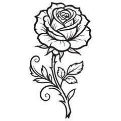 Elegant Black and White Line Drawing of a Rose and Stem © Zulfa