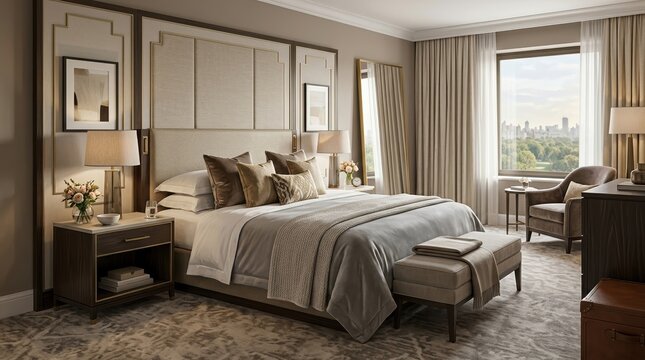 Luxurious hotel bedroom with city park view and elegant furnishings